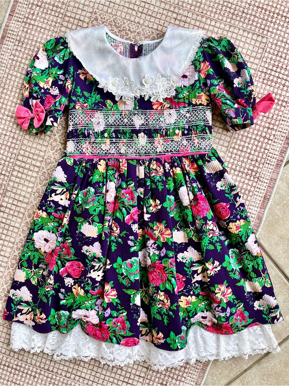 Girls Vintage 90s Peachy Kids Floral Formal Dress Collared Lace Party Size 8 Med